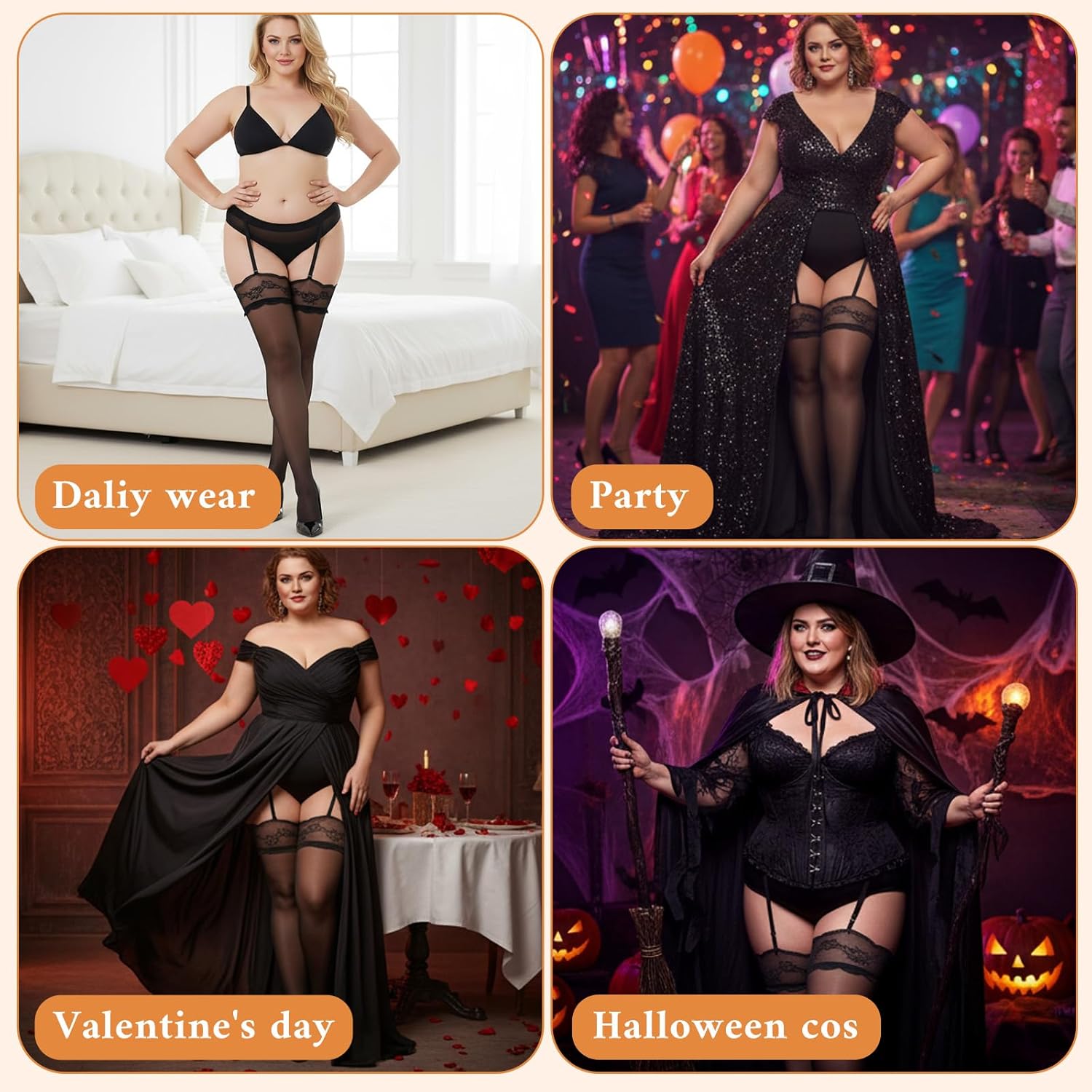 Plus Size Thigh High Stockings for Women, Sexy Hold-up Stockings Stay Up Thigh Highs Suspender Garter Belt Pantyhose Tights Leg Warmer Boot Stocking (Black) - Image 7