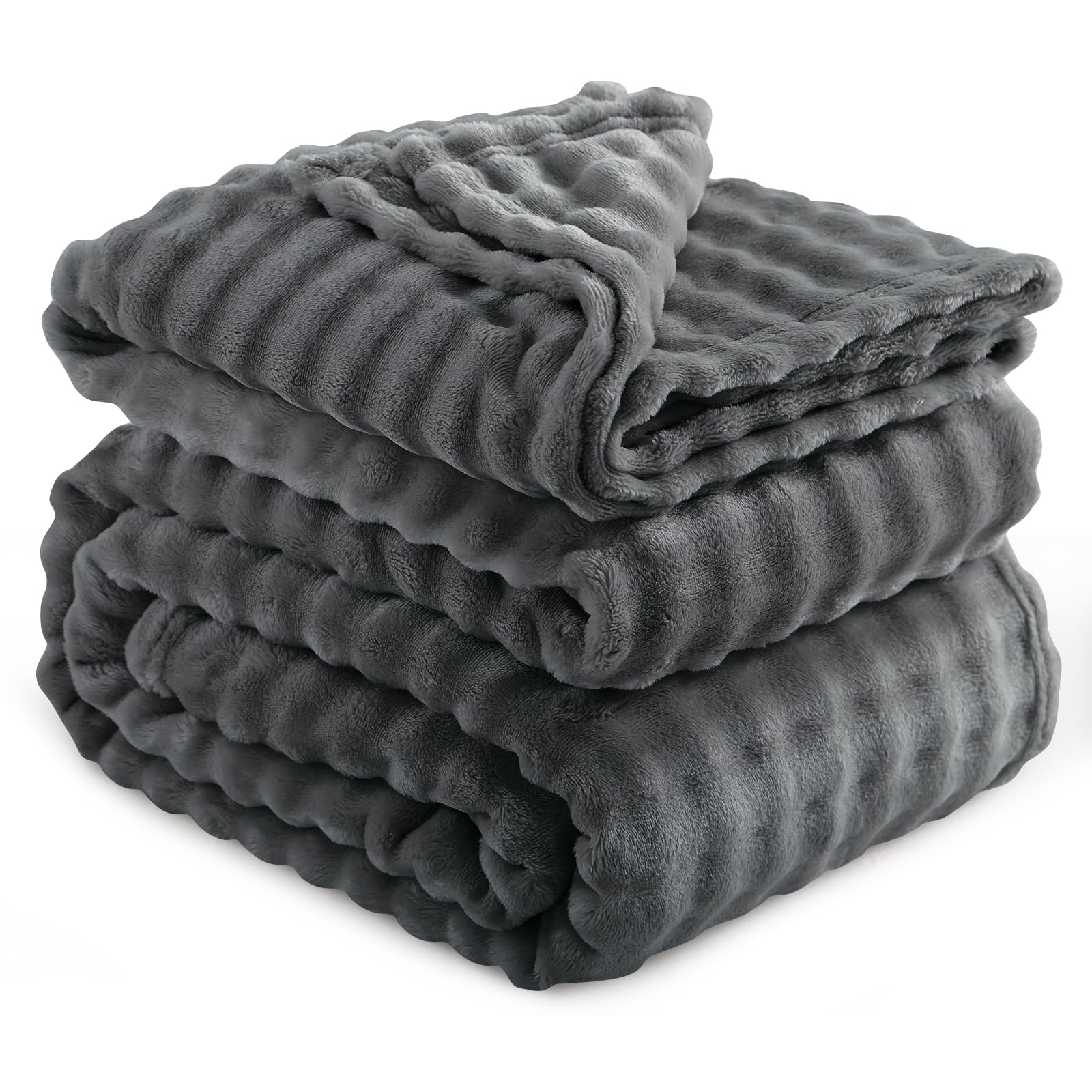 RUIKASI Fleece Throw Blanket for Bed - Dark Grey Fluffy Bubble Throws Super King Size Cozy Blanket with Reversible Design, 230x270 cm — image 1