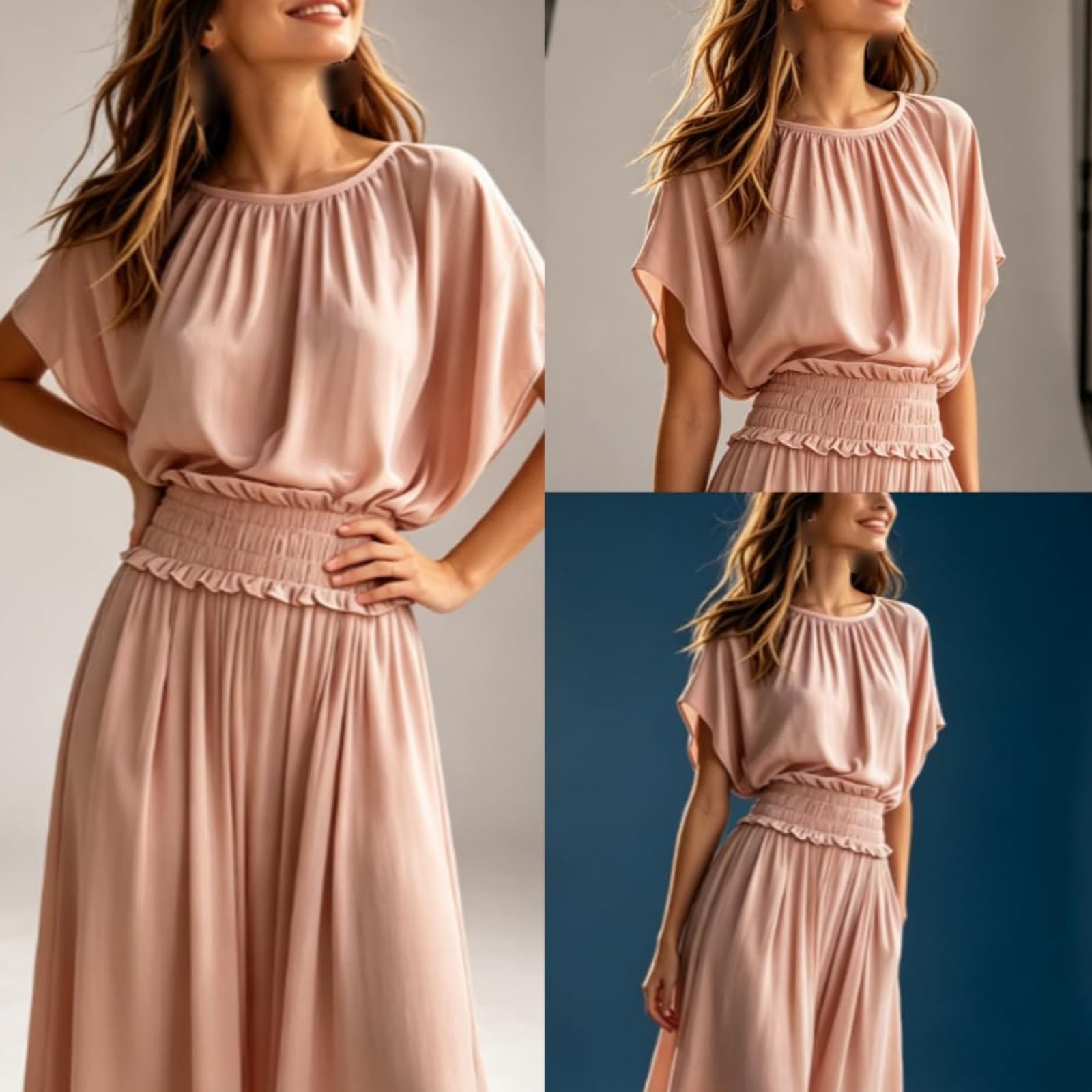 Générique Robe Longue élégante et sophistiquée pour Femme, cintrée à la Taille, froncée, Manches Chauve-Souris, Volants, Taille Haute, Coupe trapèze, Fluide, avec Poches