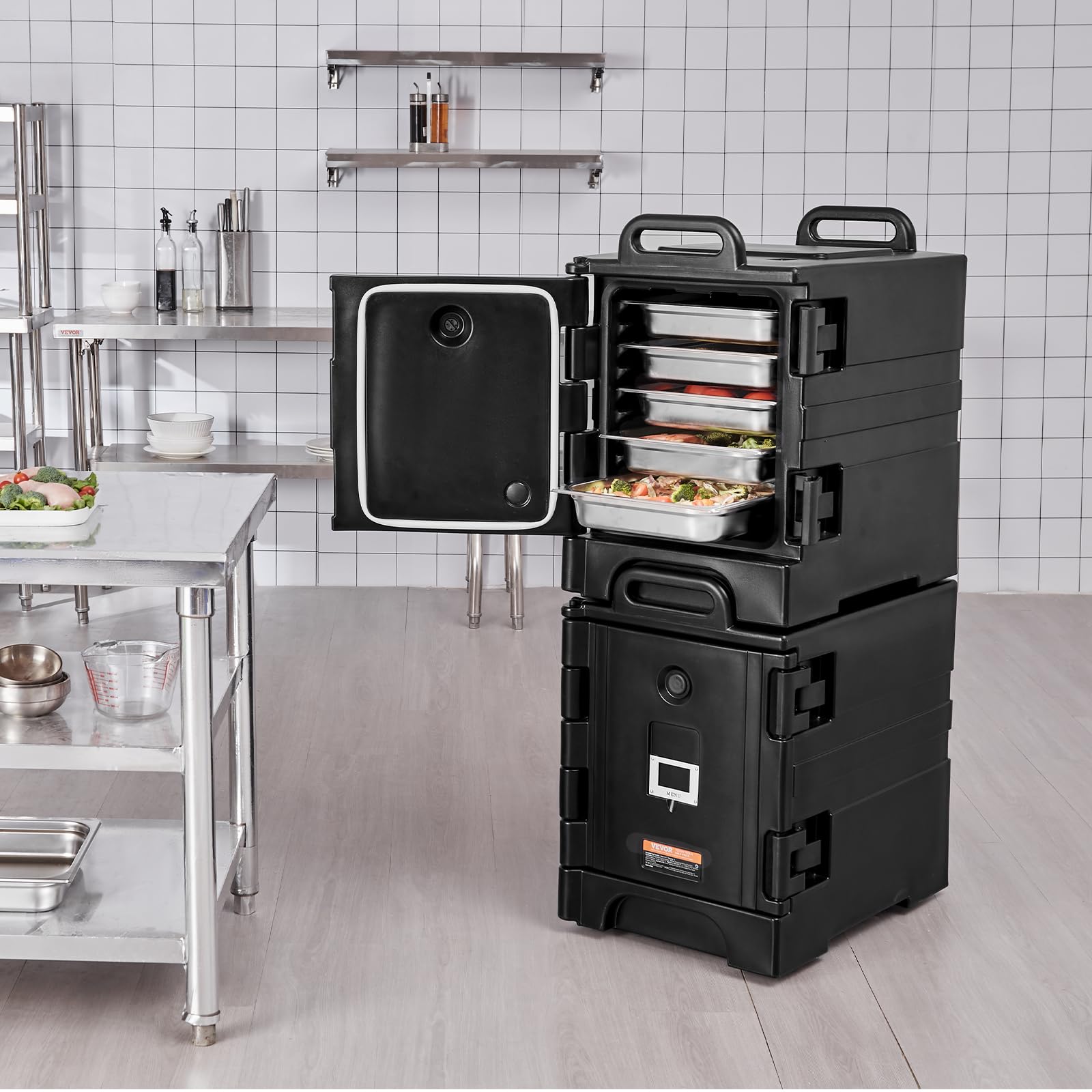 VEVOR Caja Térmica para Alimentos con Hebillas Dobles, 75 L x 2, para Catering, Calentador de Alimentos de Carga Frontal con Asas, Cargador Apilable para Restaurantes y Cantinas, 650 x 450 x 690 mm