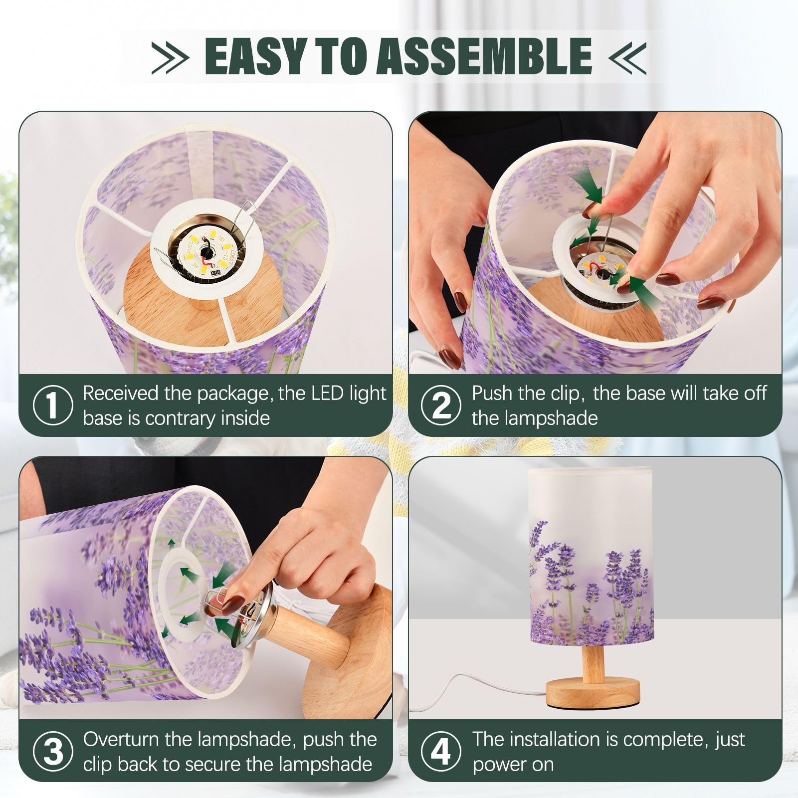 YETTASBIN Lámpara de mesita de noche de lavanda morada, pequeña luz LED de escritorio, lámpara de mesita de noche USB con base de madera antideslizante y pantalla agradable para los ojos para sala de
