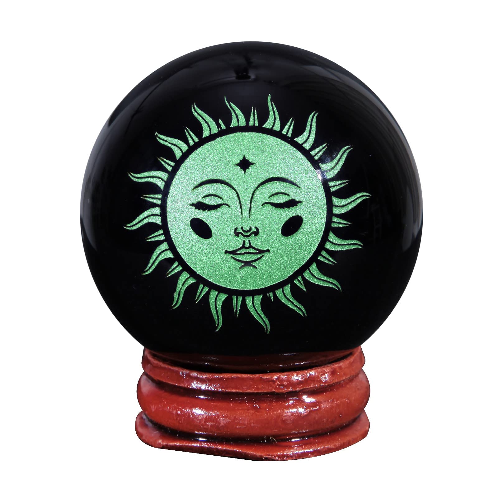 mookaitedecor Natural Black Obsidian Engraved Sun God Crystal Ball with Wooden Stand, Polished Stone Sphere Sculpture Figurine for Feng Shui Home Decoration, Green