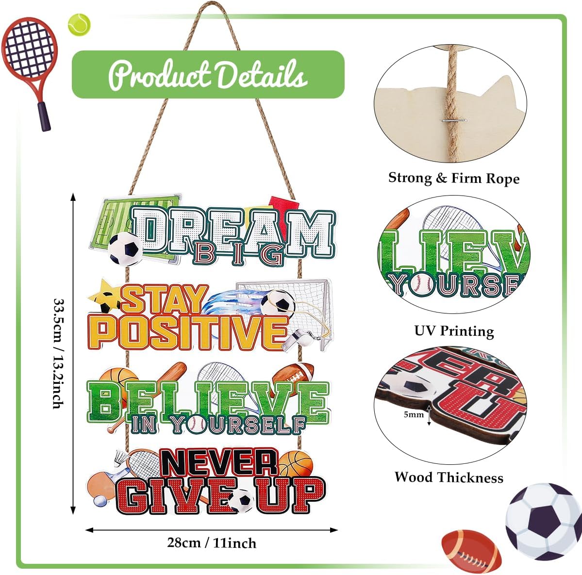 NymphFable Ball Sports Wall Art for Boys Room, Wooden Sign Set | Meaningful Gift for Sport-Loving Kids | Encouraging Quotes for Daily Motivation | Easy to Hang | For Nursery & Playroom