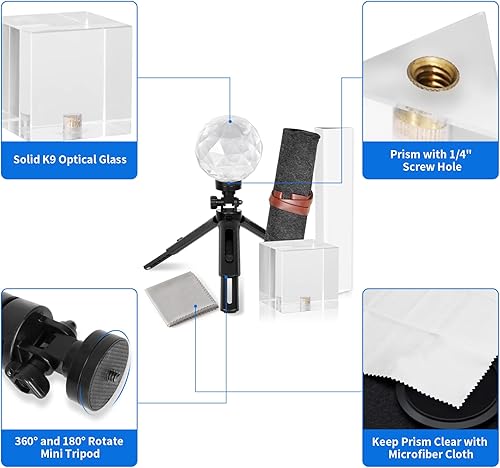 Vista 2 de Meking Juego de prisma de fotografía de 3 piezas con mini trípode, cristal de prisma de cristal óptico para hacer efecto arcoíris, enseñanza