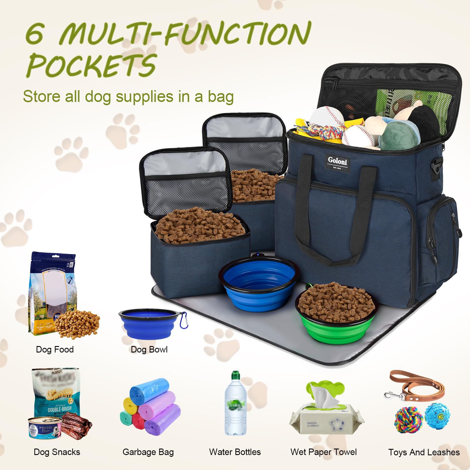 Goloni Hunde-Reisetasche, 6er-Set, von Fluggesellschaften zugelassen, Wochenend-Hundetaschen für Reisen, mit mehreren Taschen, Geschenk für Hundebesitzer, Blau