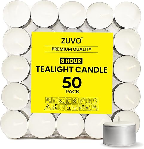 Velas de té de 8 horas (paquete de 50)  Velas de té blancas de larga duración  Velas sin humo y sin perfume hechas en Europa  1.5 x 0.9 in, 8 horas