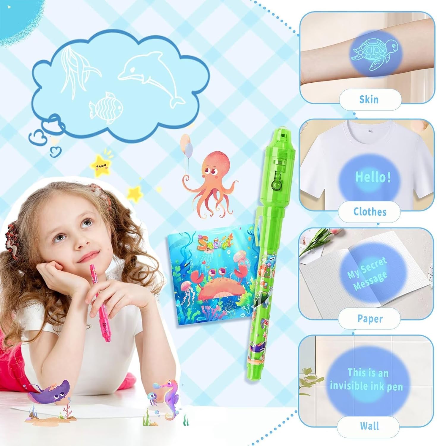 Novepen Invisible Ink Pen with UV Light, 16 Pack Spy Magic Markers Pen & Notebook Set, Secret Message Ink Pen Party Favors for Kids 8-12, Birthday Classroom Prizes Goody Bag Stuffers Supplies, Blue