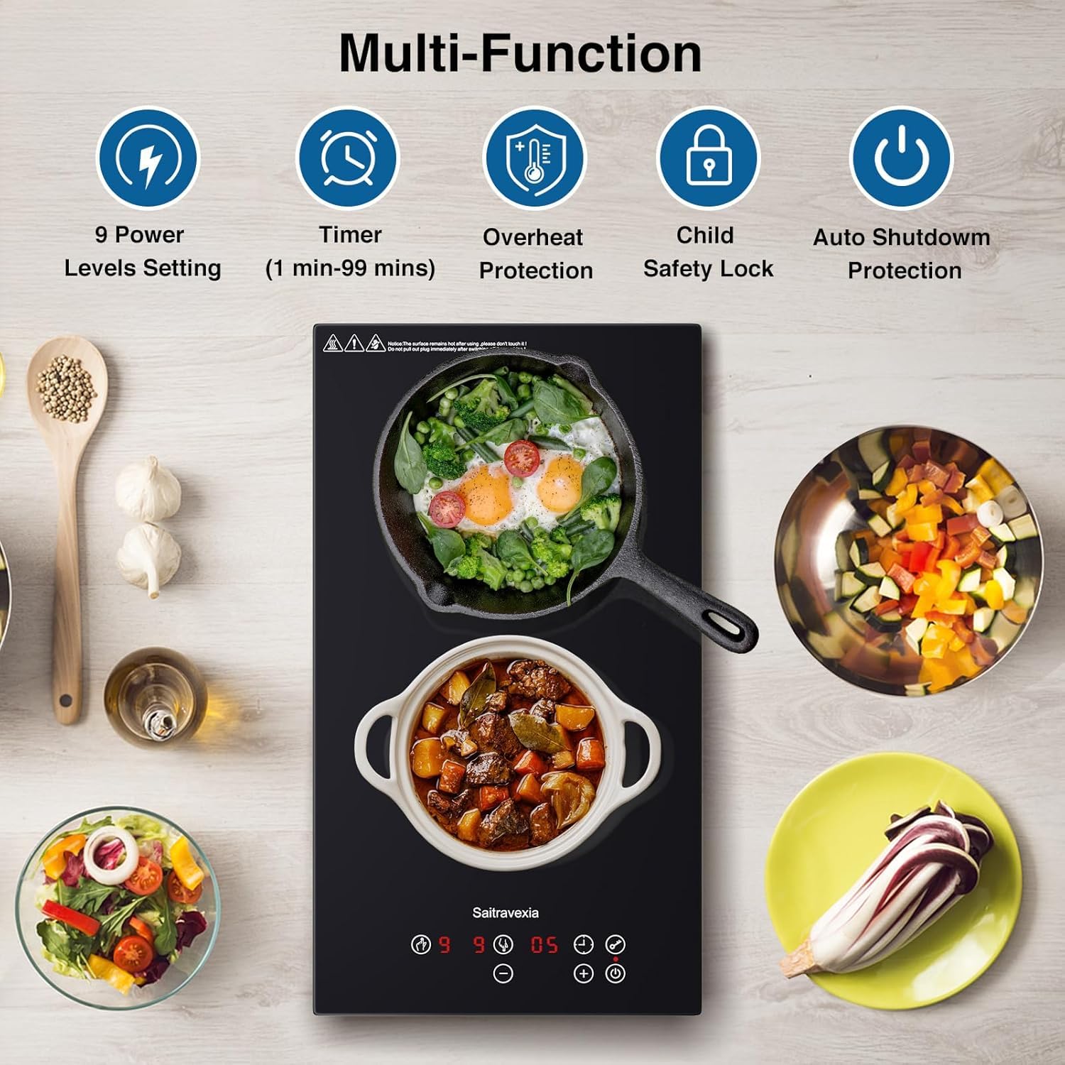 Saitravexia Electric Cooktop 2 Burners, 12 Inch Countertop Burner & Built-in Electric Ceramic Stovetop with 3000W & 9 POWER LEVELS, Timer, Touch Control 220-240V Hard Wire