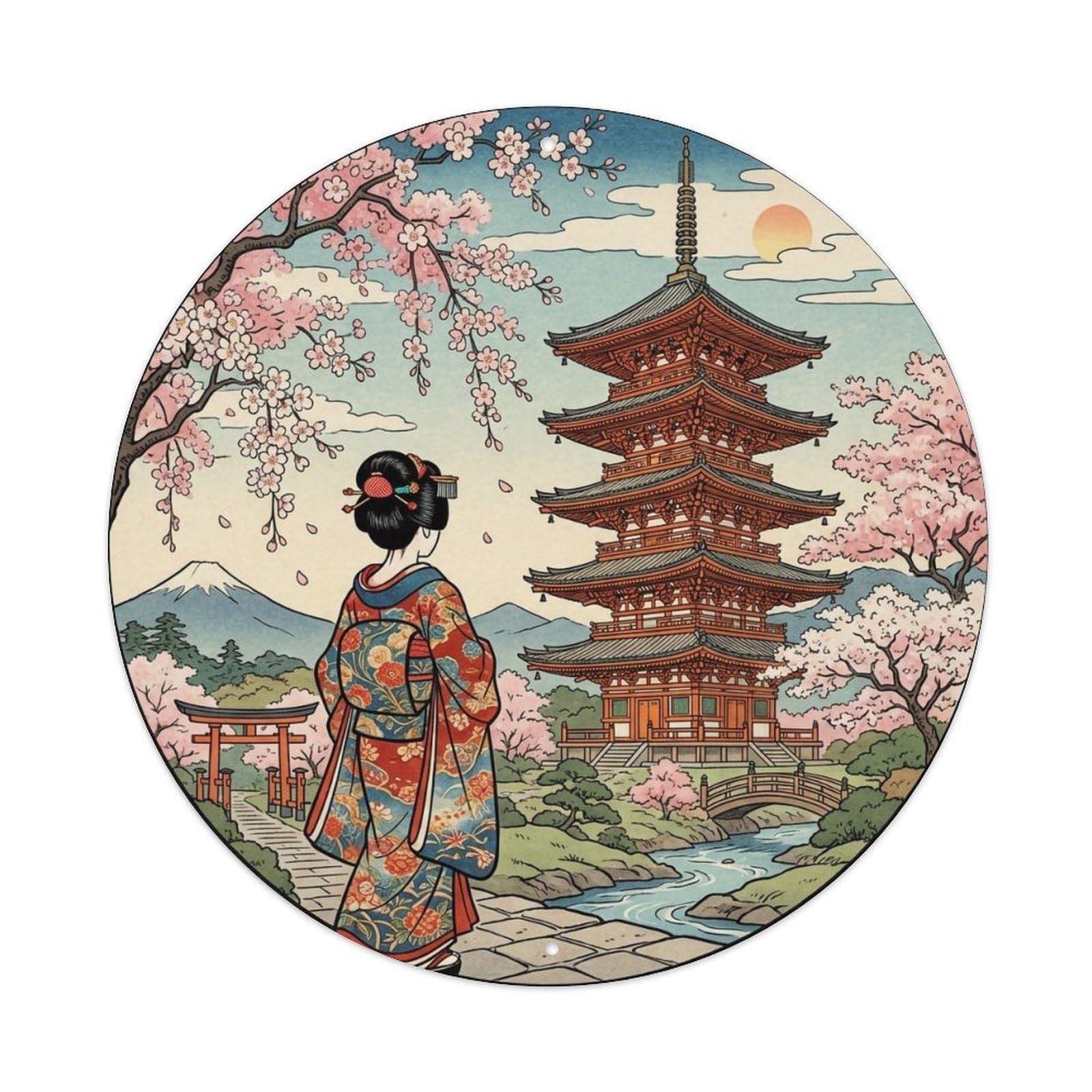 Yrnq 8X8inch Vintage Style Japanese Pagoda Cherry Geisha Admiring Metal Tin Sign