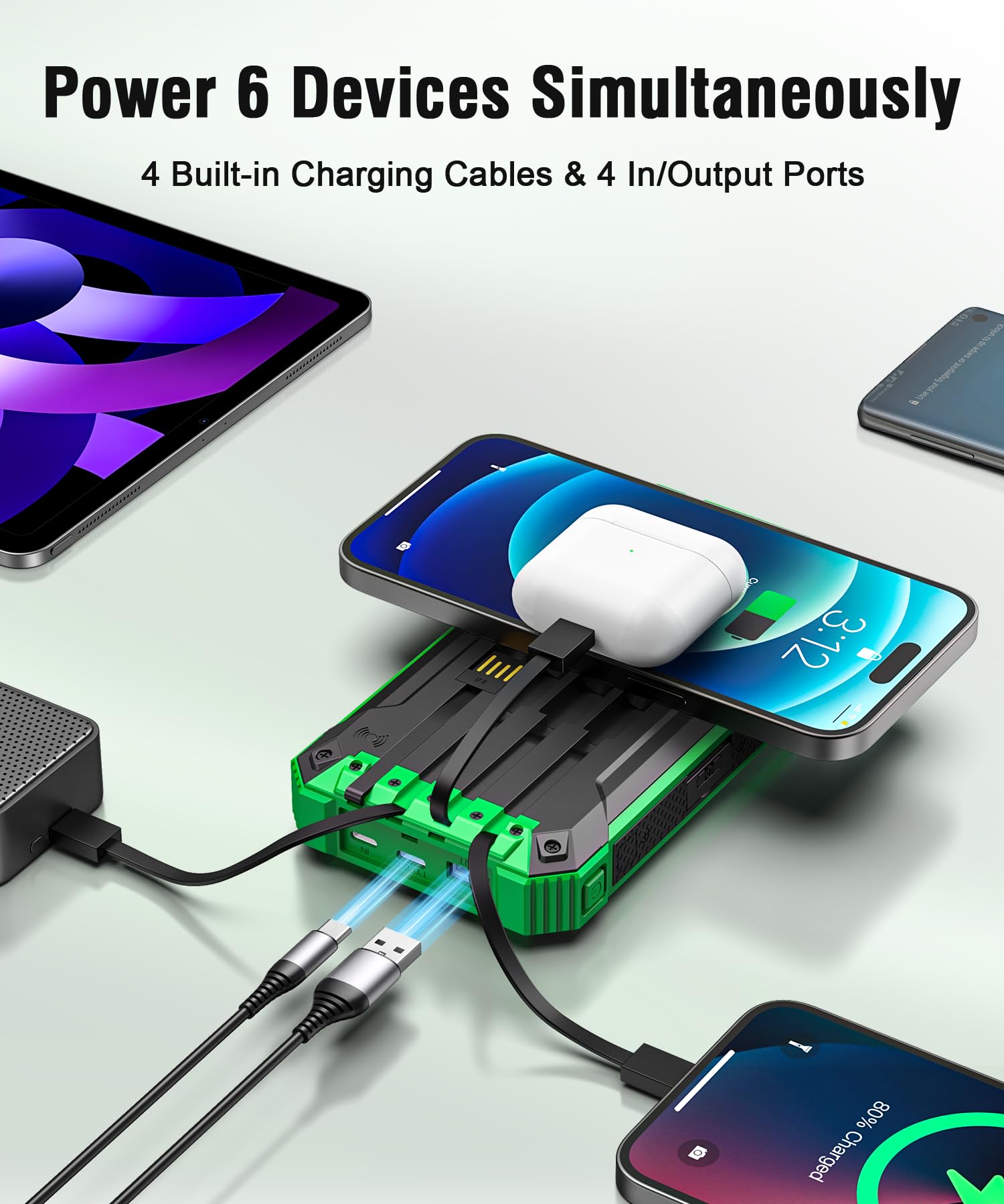 Wireless Power Bank Solare 26800mAh con 4 Cavi, USB-C 15W Ricarica Rapida | Caricabatterie Solare Portatile, Batteria Esterna 6 Uscite 3 Ingressi per Telefono, Power Bank con Torcia, Moschettone