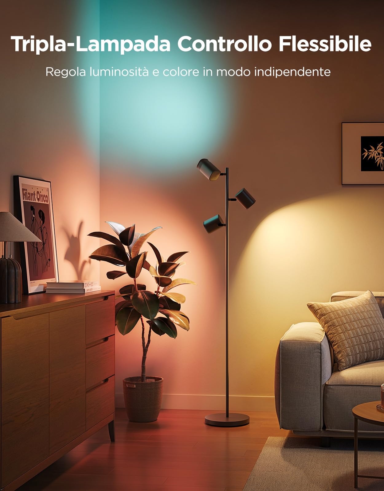 Govee Lampada da Terra LED Angolo Regolabile, RGBWW Lampada 3-Teste 1500lm | 2700-6500K, Matter Alexa Compatibile, 64 Scene, Sinc Musica, Lampade da Terra Nere 157cm per Soggiorno, Camera da Letto, Sala