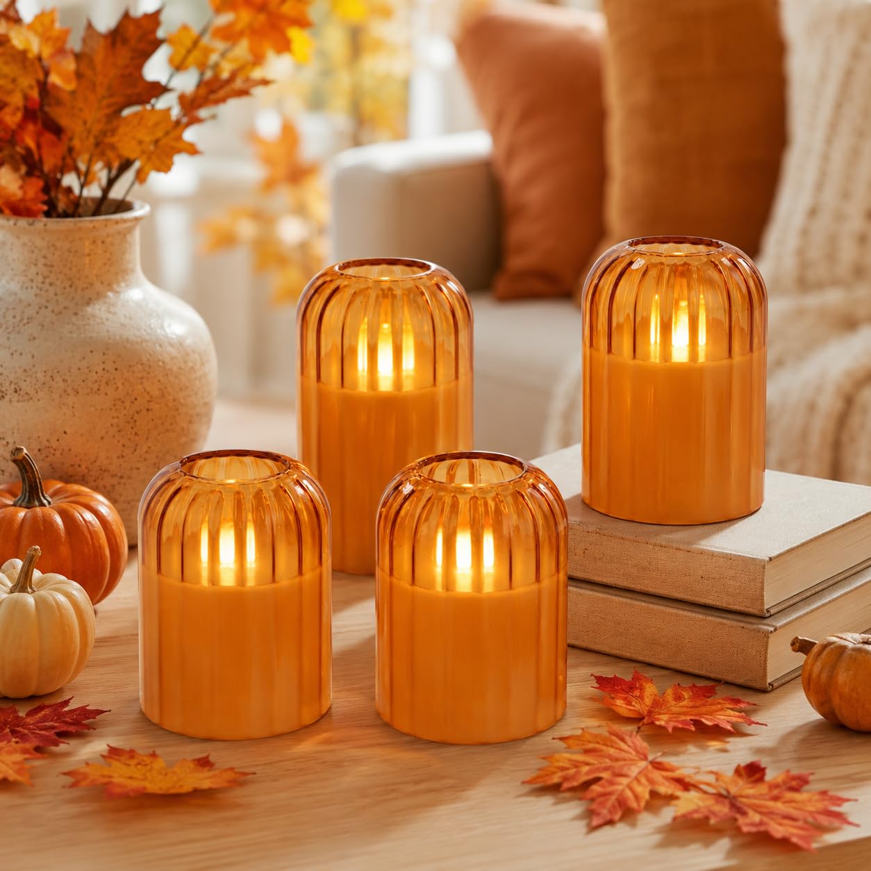 Photo 1 of Fall Decorations for Home, Orange Glass Flameless Candles with Remote & Timer, Set of 4 Real Wax LED Pillar Candles with Dancing Flickering Flame, 3" x 4"/5", Halloween Thanksgiving Christmas Decor