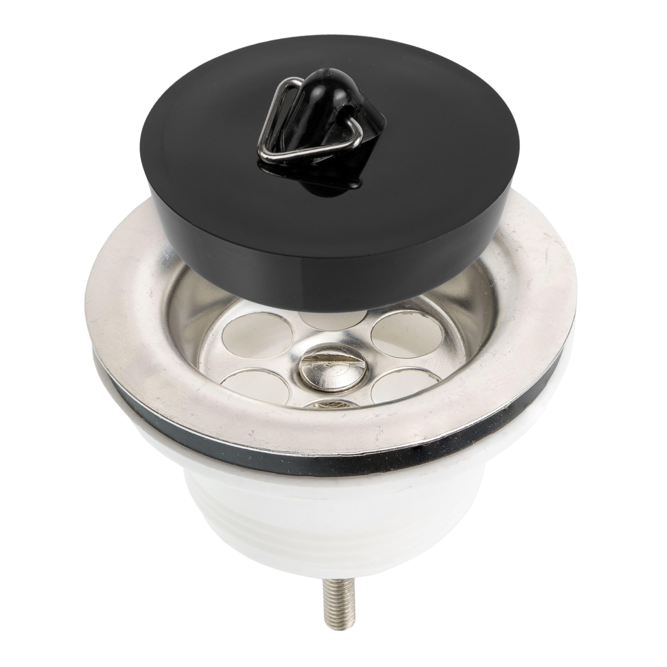 Drain valve for kitchen sink, 1 set, size Ø 70 mm - 1 1/2 inch, SS201 stainless steel valve top, M6x60 mounting screw, PP base with brass nut, PVC seal, Ø 45.5 mm stopper, stopper valve