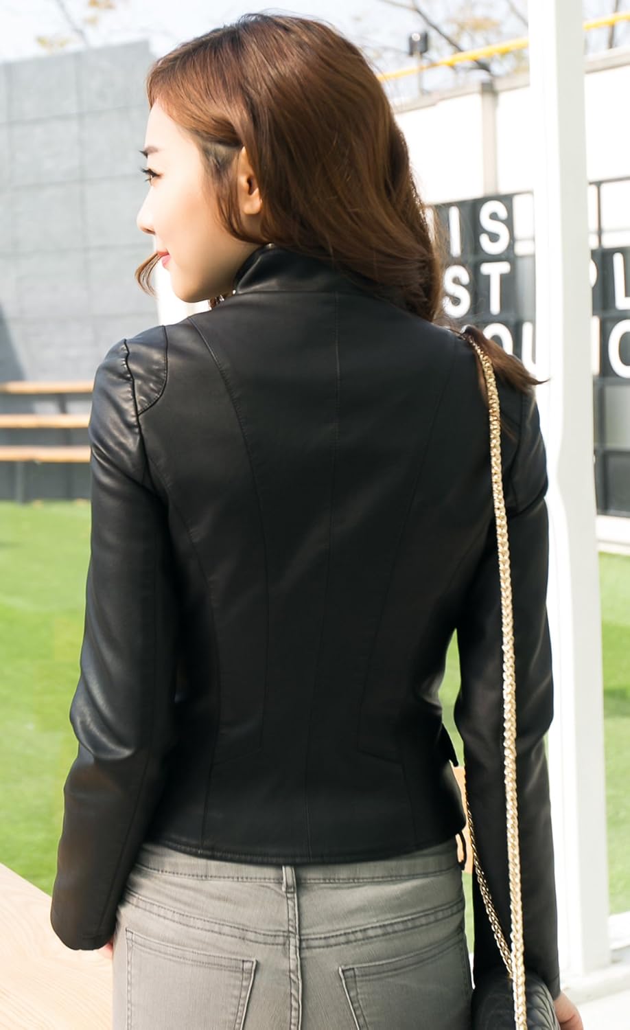 chouyatou Women's Stylish Oblique Zip Slim Faux Leather Biker Outerwear Jacket - Image 4