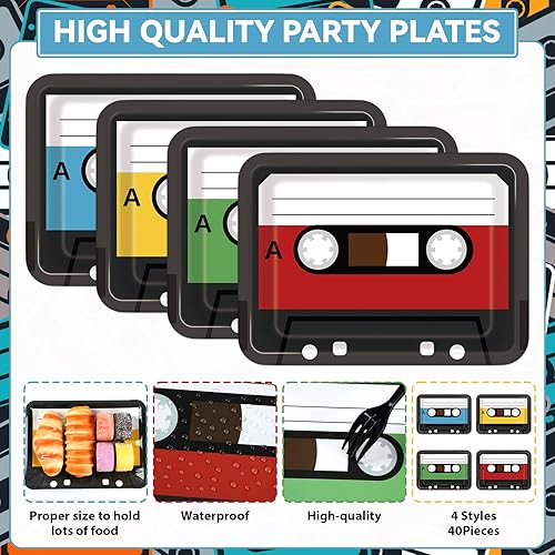Miniatura 3 de 40 platos de cinta de casete de los años 70, 80 y 90, suministros de fiesta de 10 x 7 pulgadas, vajilla cuadrada retro para fiesta temática de