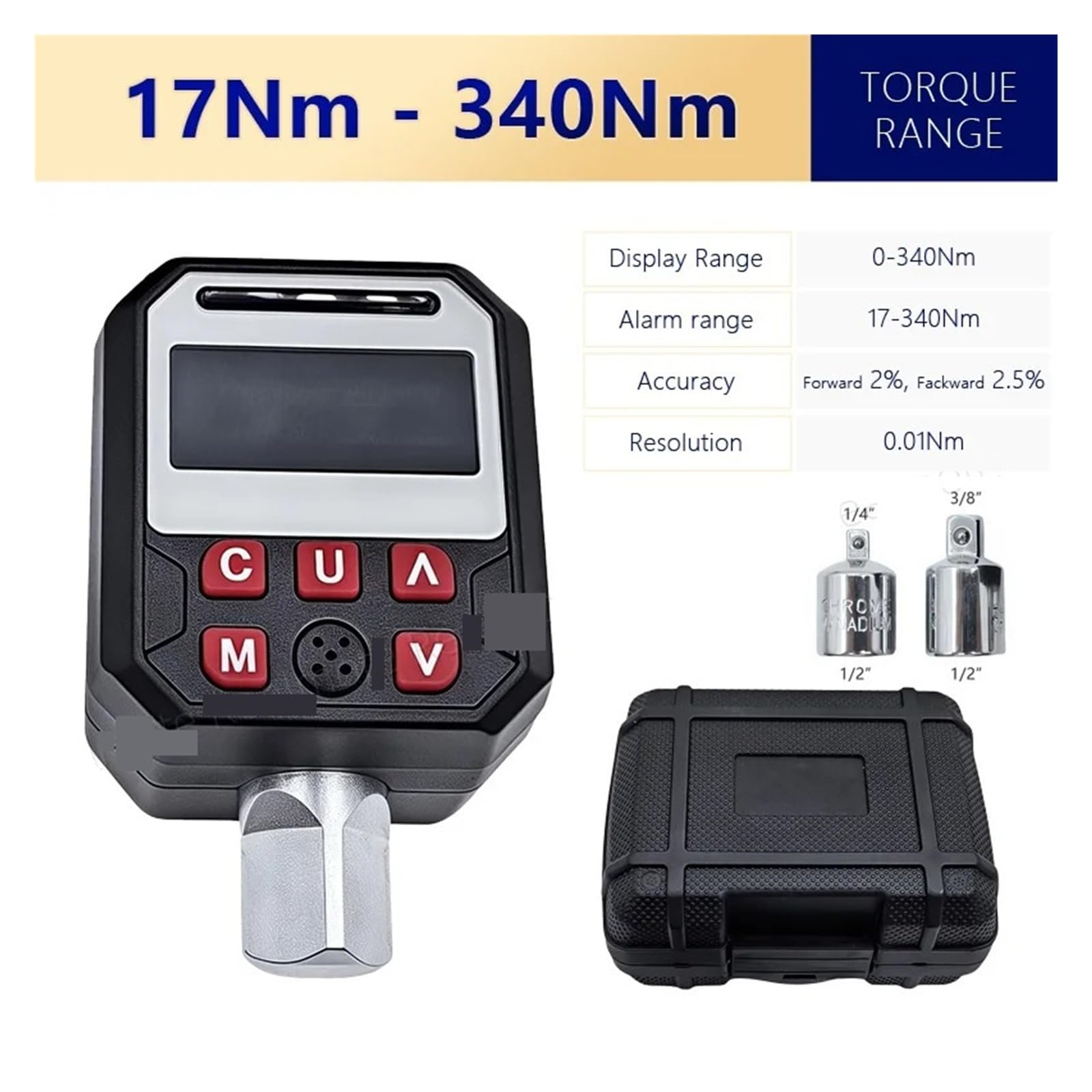 Cyfrowy adapter dynamometryczny Napęd 1/2" z dokładnością ±2%, konwersją czterech jednostek i pamięcią 500, 9 presetów, wyświetlacz LED Łatwe czytanie(17-340Nm)