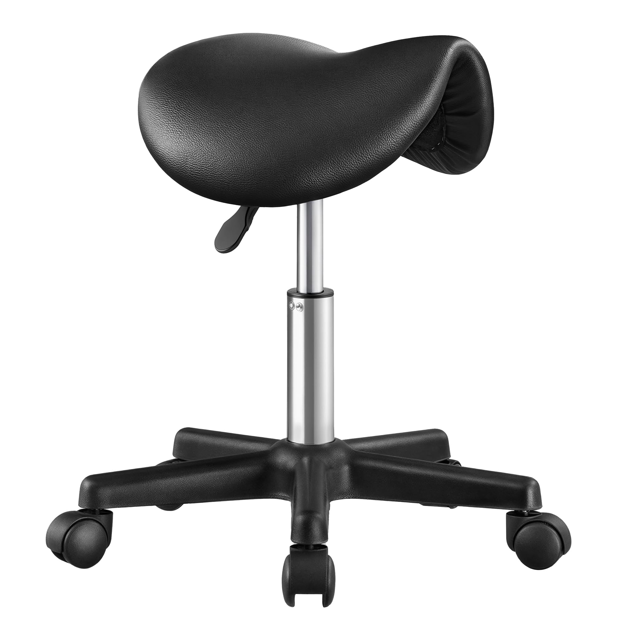 SONGMICS Tabouret Selle, Tabouret à roulettes Ergonomique en Cuir PU, Réglable en Hauteur, Pivotant à 360°, 56 x 56 x 45-61 cm, Noir, pour Bureau, Salon, Collection Activo OSC014B101