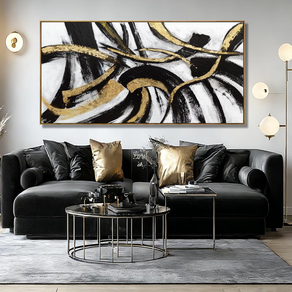 Black And Gold Abstract Framed Wall Art Minimalist Lines Painting Artwork Modern Picture Prints Large Wall Decor 24"x48"