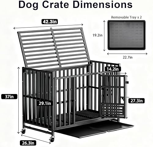 Miniatura 6 de Jaula indestructible de alta resistencia para perros grandes, perrera de metal a prueba de fugas con ruedas bloqueables y bandeja extraíble, marco