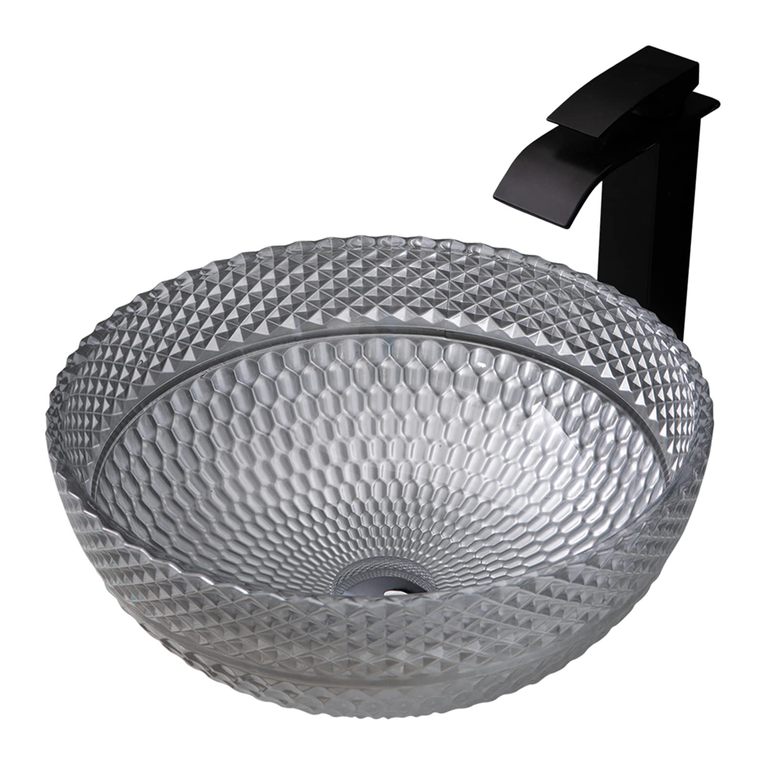 Lavandino da appoggio e Rubinetto per Il Bagno, lavabo da appoggio Rotondo in Vetro Artistico, Rubinetto Nero con Set di Scarico e Accessori, Grigio