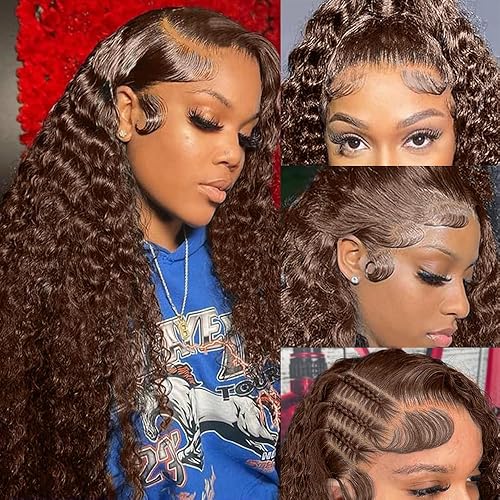 Miniatura 3 de CHEETAHBEAUTY Pelucas de cabello humano brasileño rizado profundo de grado 10A de 13 x 6 pulgadas, color marrón chocolate #4, con ondas profundas,