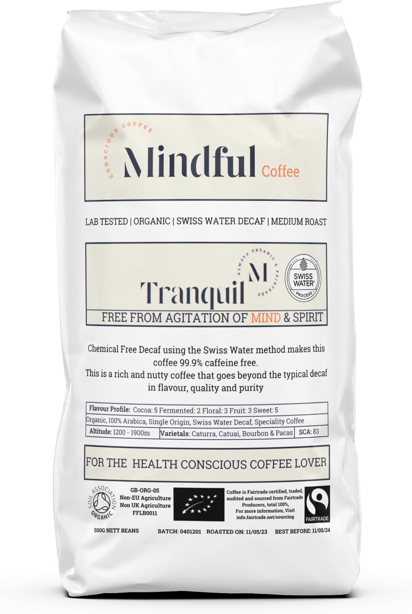 Mindful Coffee - Tranquil | Organic Swiss Water Decaf | Mycotoxin Free - Lab Tested | Freshly Roasted (Whole Bean, 500G)