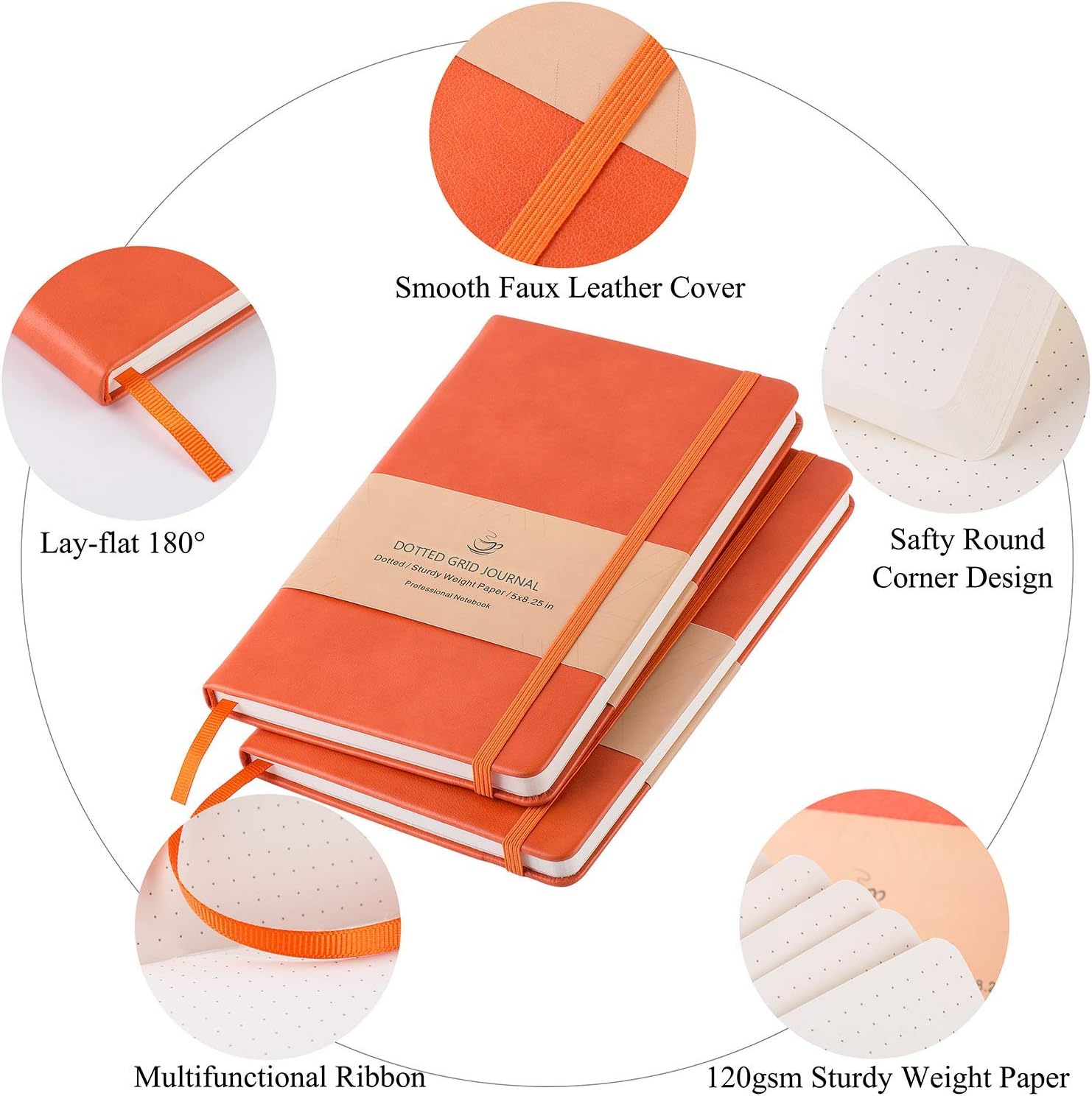 Dotted Grid Notebook/Journal - Dot Grid Hard Cover Notebook, 5 X 8.25 inches，128 pages/64 Sheets，Orange Smooth Faux Leather, Sturdy Weight Paper with Fine Inner Pocket