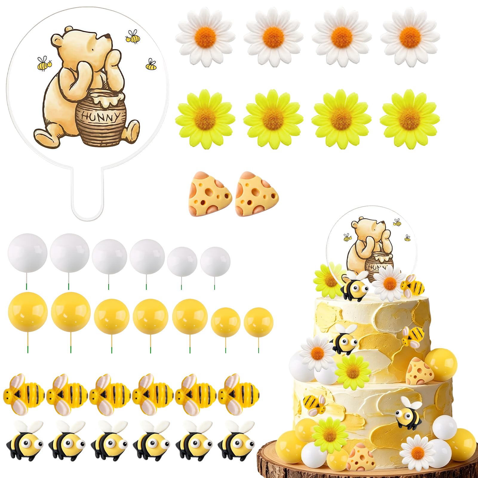 Cartoon Cake Decorations 36PCS Yellow White Cake Balls Bee Birthday Cake Toppers, Cartoon Themed Cake Topper for Cupcake, Cookies, Birthday,Wedding Anniversary Baby Shower