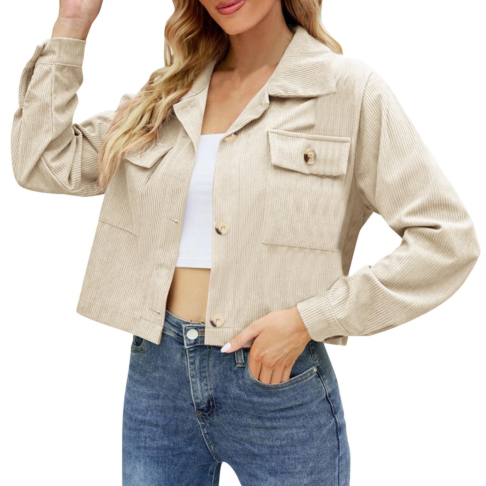 Blusa informal de color sólido engrosada con cuello levantado para mujer con bolsillos dobles y cierre de botón, ideal para otoño e invierno,