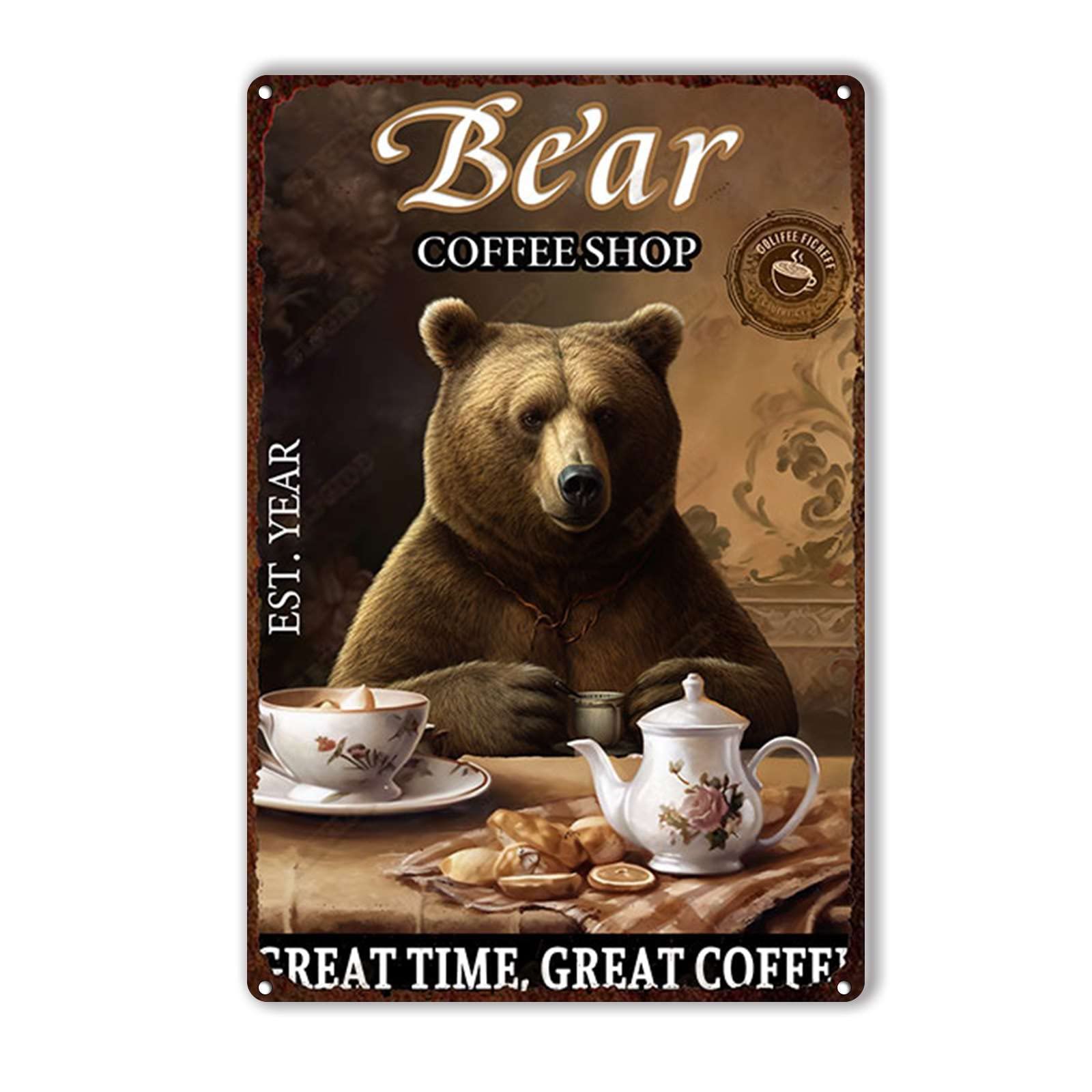 Anceky Bear Coffee Shop Tin Sign Vintage Metal Sign Wall Decor for Cafe Bar Kitchen Yard Gate 12×16 Inch