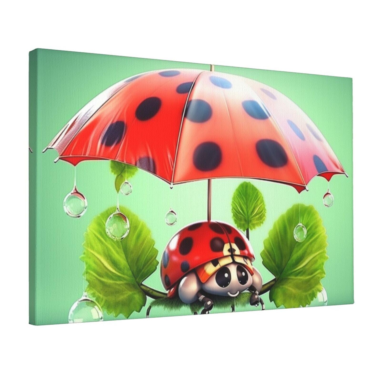 Canvas Wall Art for Living Room Wall Decor 12"x18" Modern Artwork Painting Pictures Hanging Canvas Prints Funny Ladybug Holding Umbrellas Aesthetic Wall Art for Bedroom Bathroom Office Wallart Decor