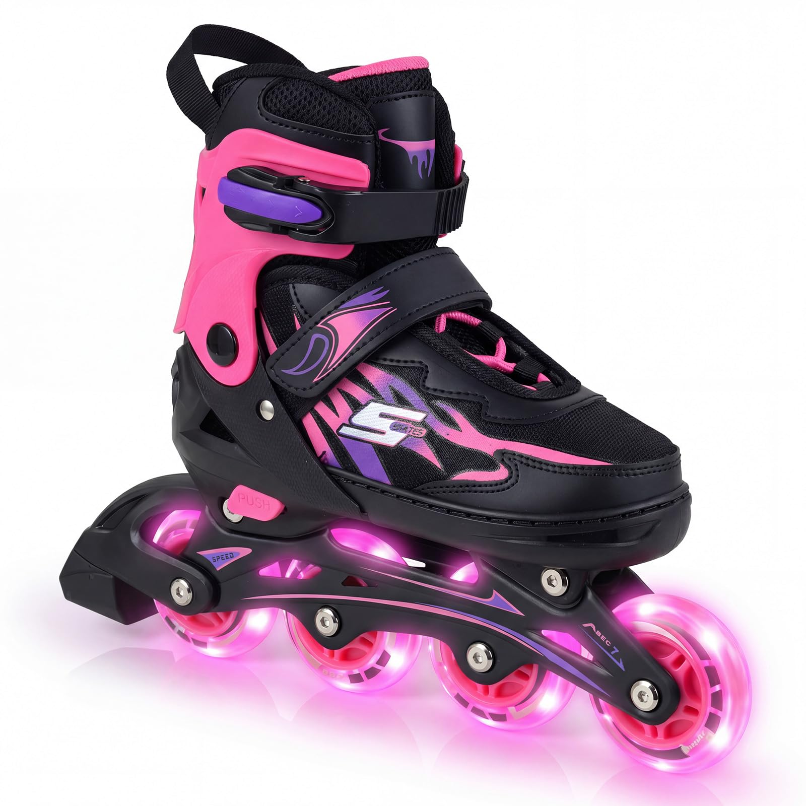 COSTWAY Kids Inline Skates for Boys & Girls, 4 Sizes Adjustable Blades Roller Skates with 4 Light-Up Wheels & Safety Protection, Outdoor & Indoor Skating Sports for Toddlers Beginners (Pink, Large)