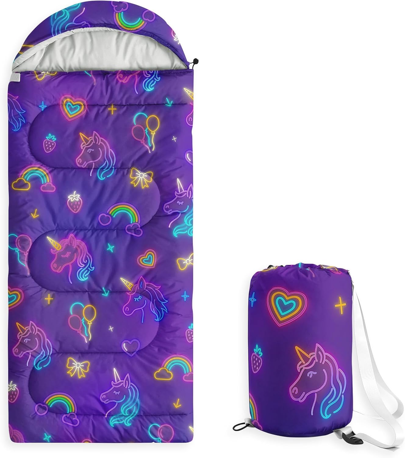 Wake In Cloud - Unicorn Kids Sleeping Bag for Girls Toddlers, Camping in Warm Cold Weather, Backpacking Lightweight Compact Outdoor Liner for 3 Seasons Summer Spring Fall, Neon Purple