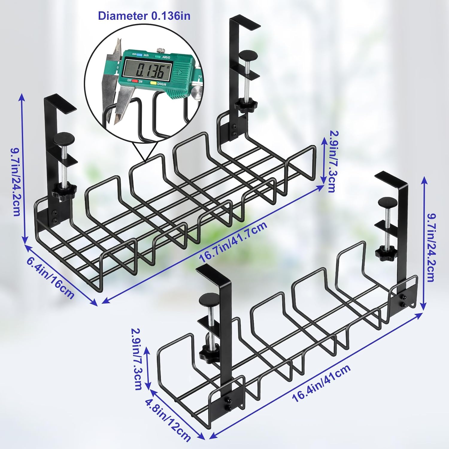 OneLeaf 2 Pack Cable Management Tray, No Drill Wire Management Rack, Office Wire Organizers for Cords, Computer Desk Accessories, Under Desk Organizer with Cable Organization