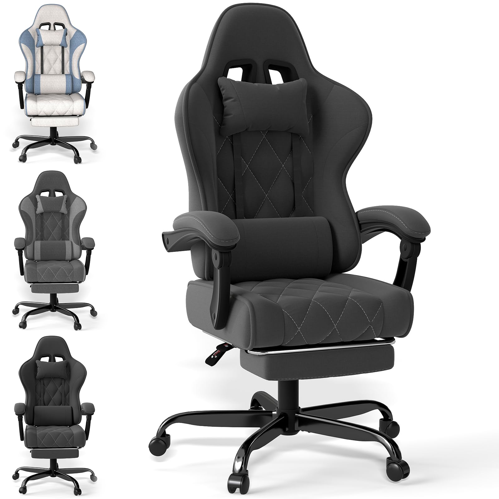 Silla Gaming LED de Tela, Silla de Juegos con Masajeador, Silla de PC con Reposacabezas, Silla Oficina Ergonómica con Reposapiés para Oficinas y Juego (Gris Oscuro)