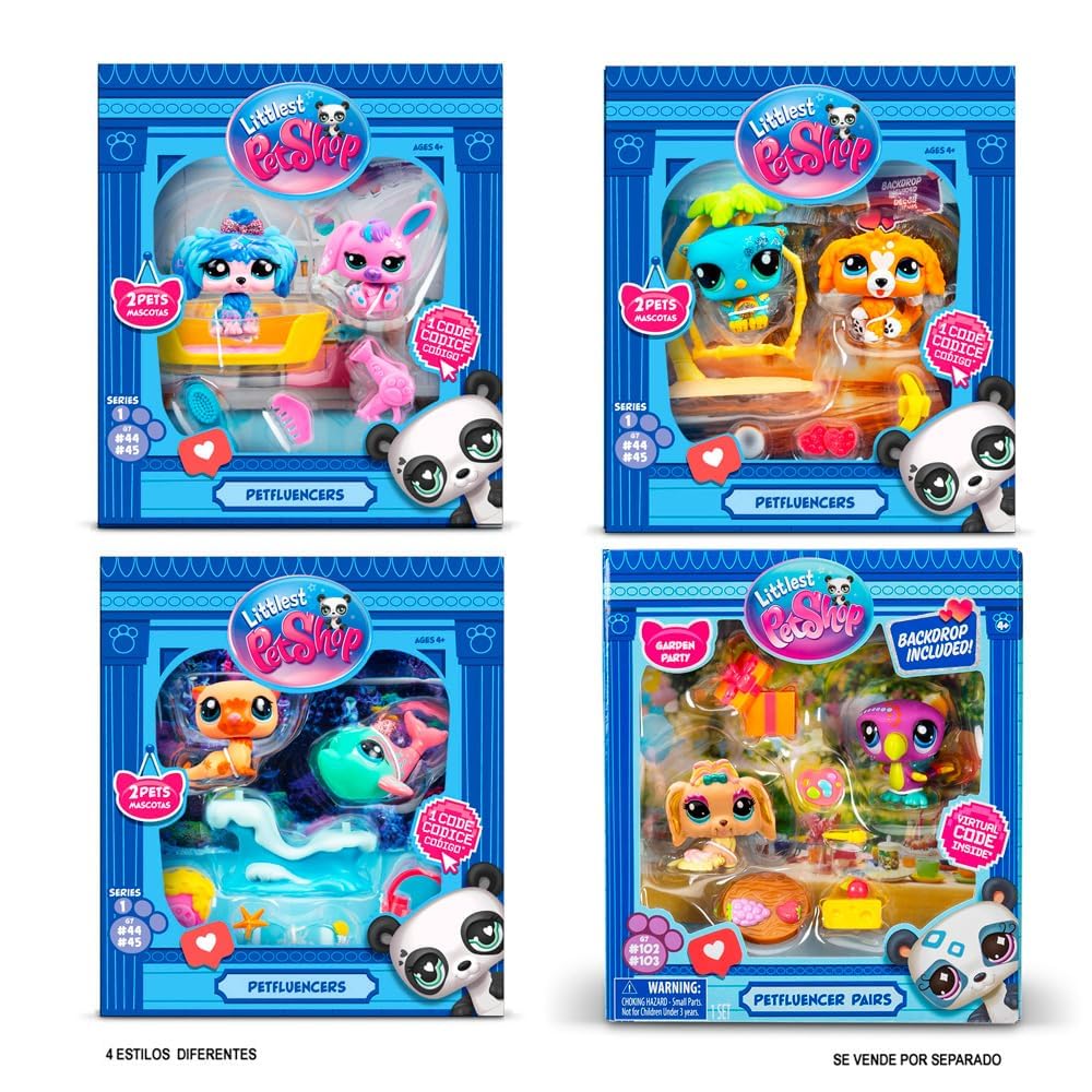 BANDAI Littlest Pet Shop Pack PETFLUENCERS DIVERSIÓN Selfie BF00563 Incluye 2 Mascotas, 4 Accesorios, 1 Fondo, 1 Tarjeta de coleccionista, 1 código Virtual, Generación 7, Mascotas #46 y #47, 4 años+