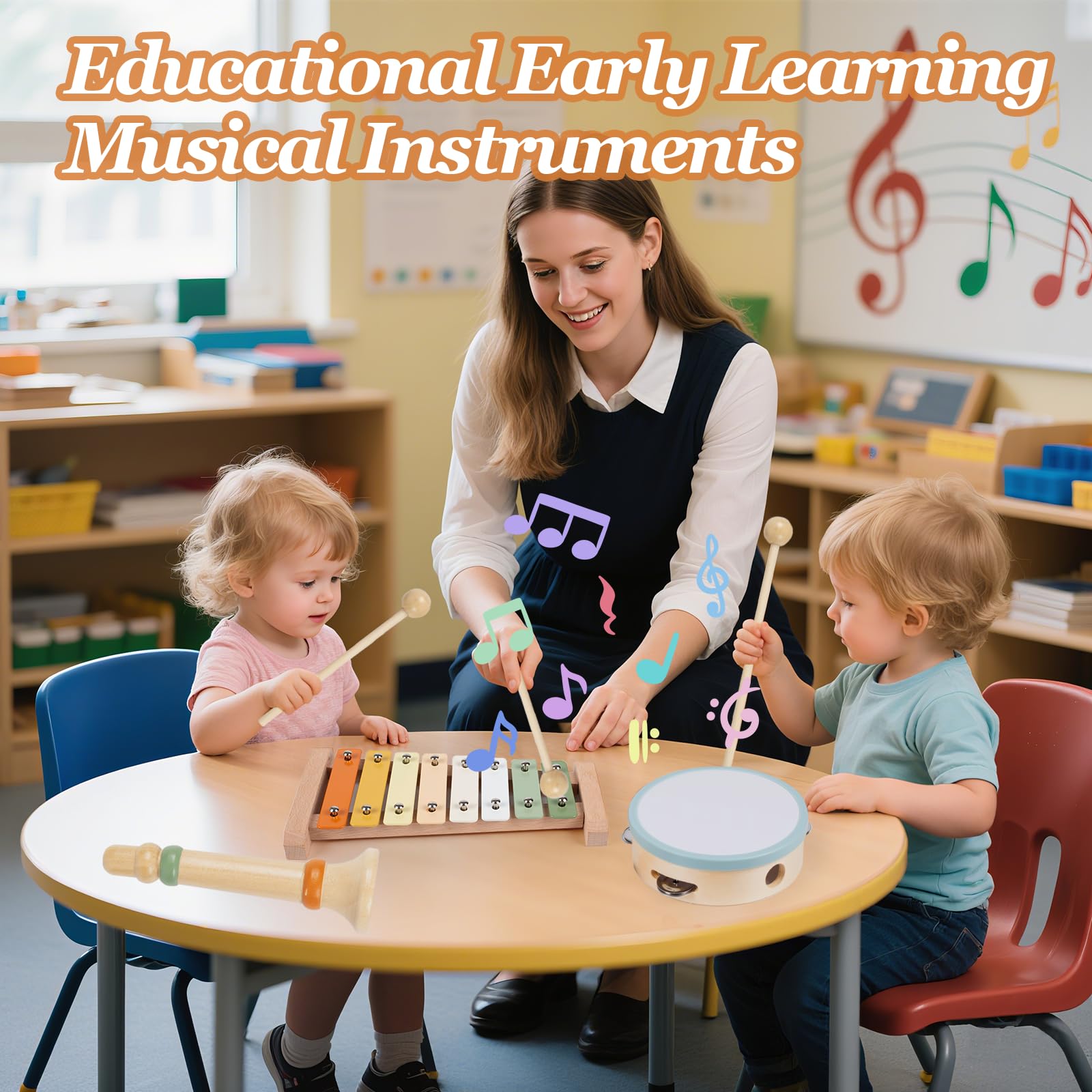 Instruments de musique Montessori en bois pour tout-petits de 1 à 3 ans, xylophone pour enfants, cadeaux d'anniversaire éducatifs (bois coloré)