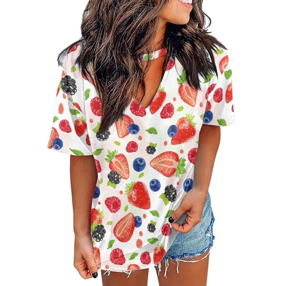 DUOLIFU Women's Strawberry Print Blouse Choker V Neck Short