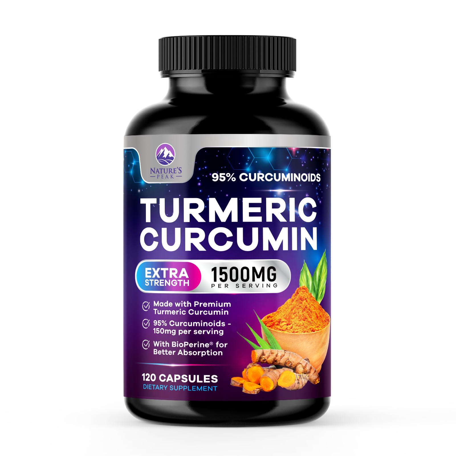 Turmeric Curcumin Supplement - 95% Curcuminoids with Organic Turmeric & Ginger, BioPerine Black Pepper Extract for Best Absorption, Natural Vegan Joint Support, Non-GMO, Bottled in USA - 120 Capsules 120 Count (Pack of 1)