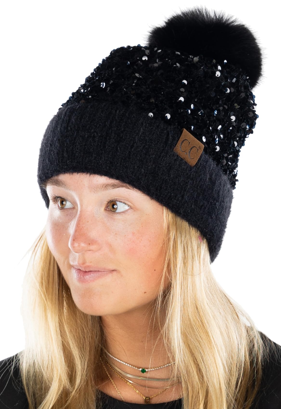 Funky Junque Women's Sequin Pom Beanies – Soft Knit Sparkly Bling Winter Hats for Women, Faux Fur Pom Glitter Sparkle Hat - Chunky Sequin - Black