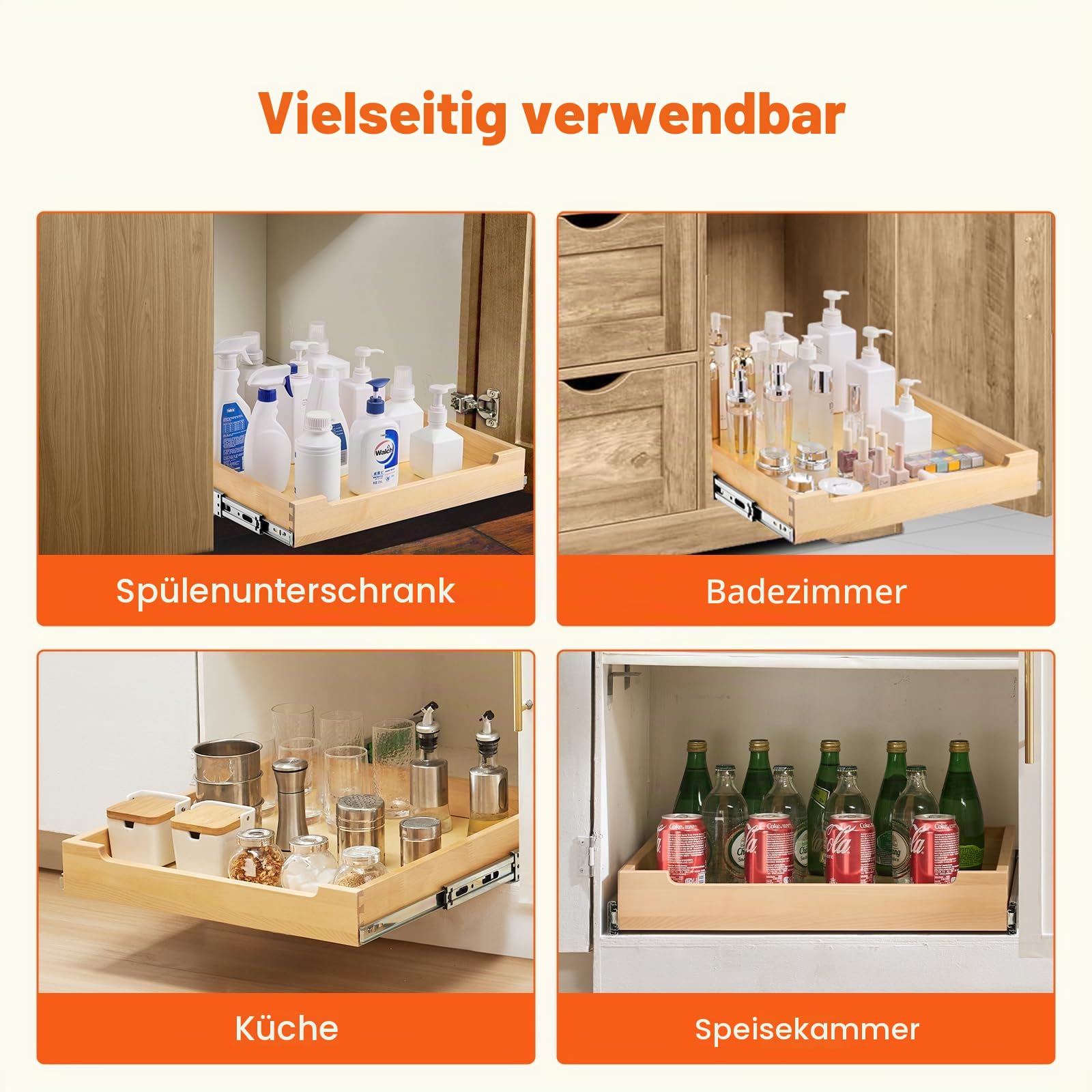 VEVOR Ausziehbarer Schrank-Organizer Schrankschublade Regal (508 x 533 x 76 mm) mit sanftem Schließmechanismus, Holz-Schiebeschublade Unter- und Seitenmontage, für Küche Speisekammer Badezimmer