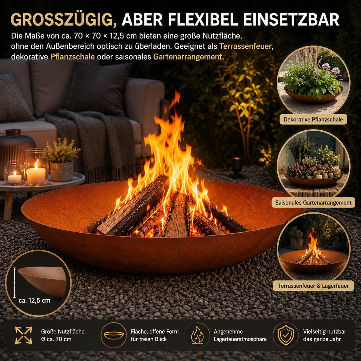 Edelrost Garten Feuerschale Rost Pflanzschale aus Metall Rost 70cm 2mm T 18cm