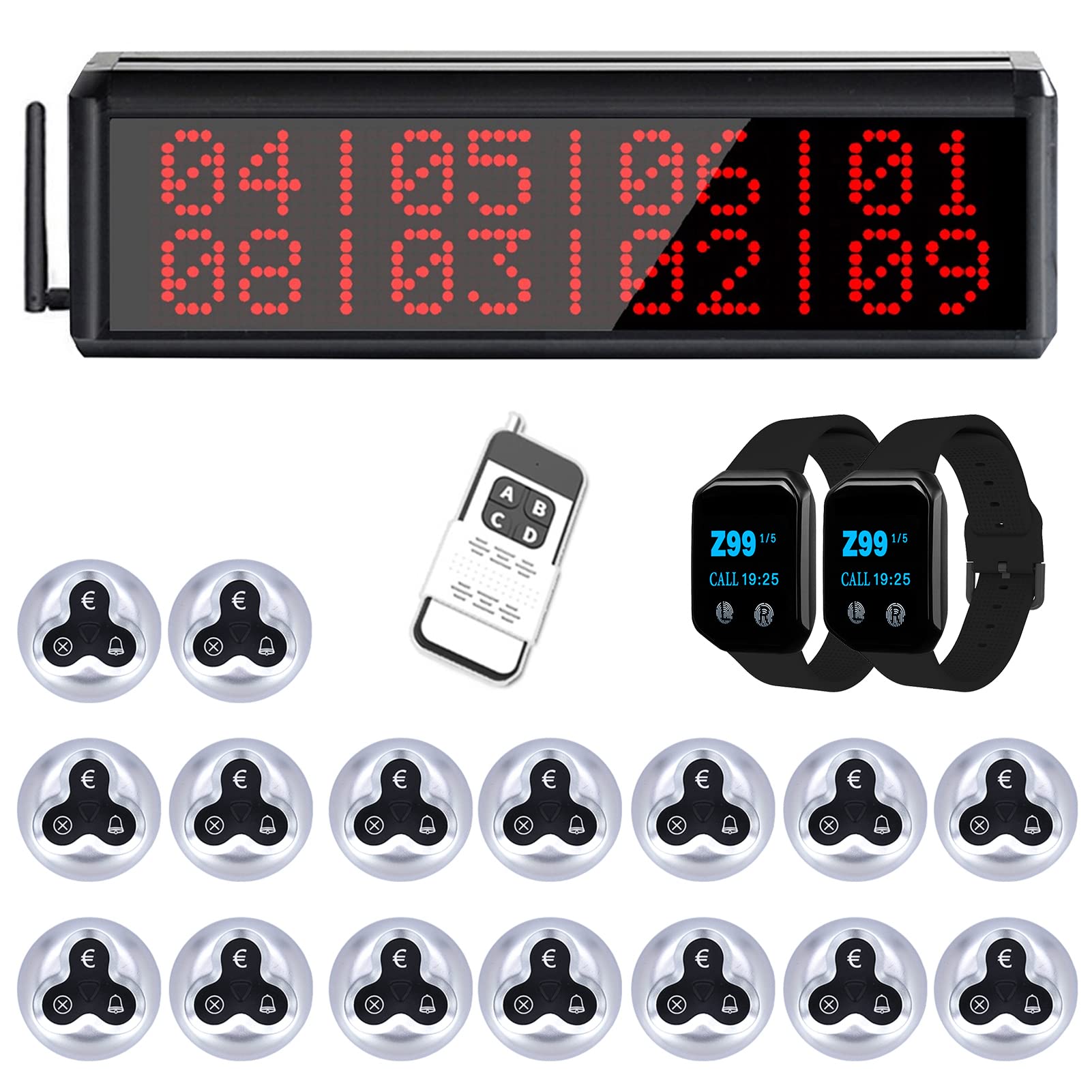 CS-400D Sistema De Localización Inalámbrico Para Restaurante, Bar, Cafetería - 1 Pantalla De Llamada, 16 Botones, 2 Receptores De Pulsera