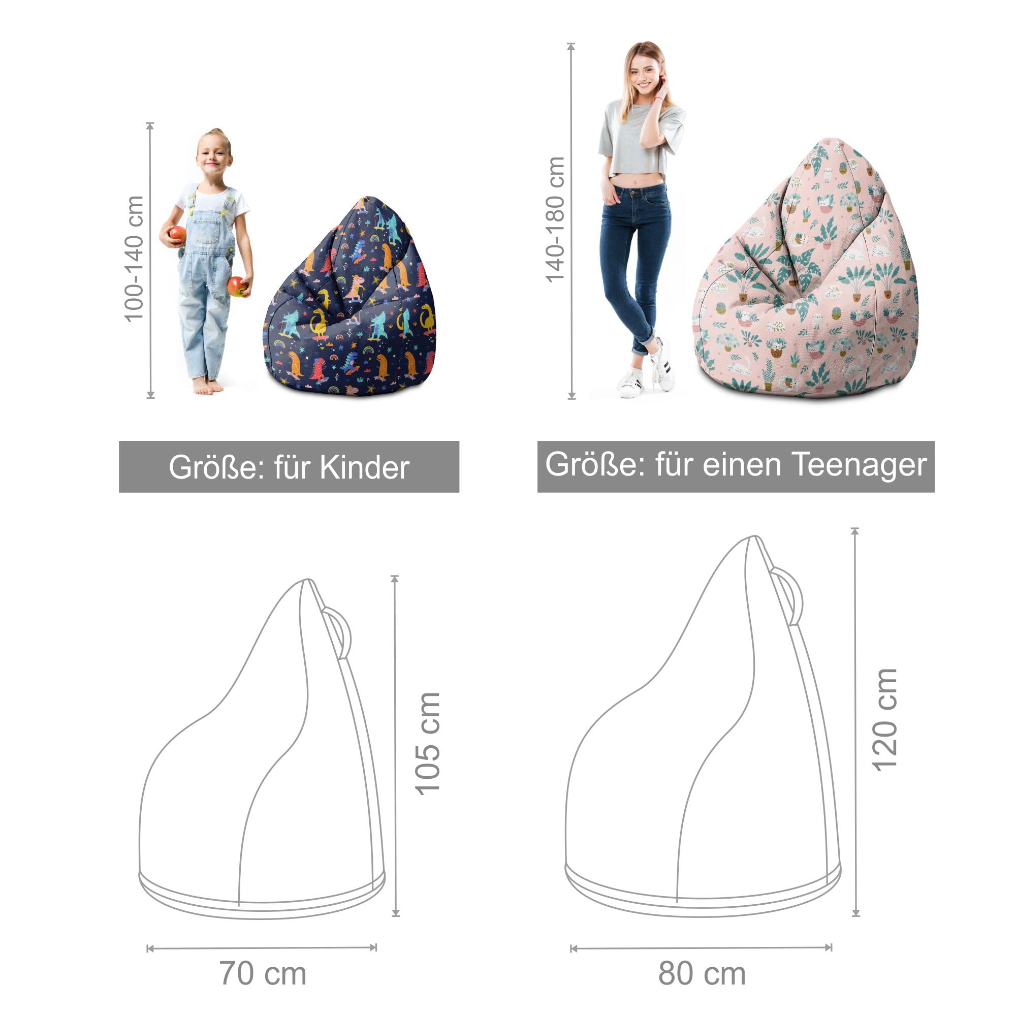 DreamRoots Sitzsack Kinder mit füllung - Bodenkissen Kinderzimmer 70 x 70 x 105 cm - Bean Bag - Bubibag - Kindersitzsack - Sitzkissen Boden