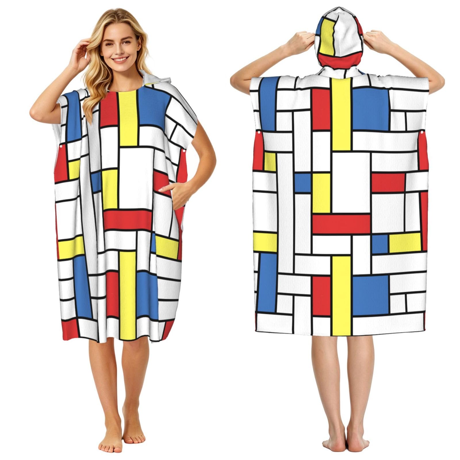 Poadnly Mondrian Blocks, Adult Hooded Beach Towel 90 x 110 cm,Changing Bath Robe, Surf Poncho Towel For Women Men