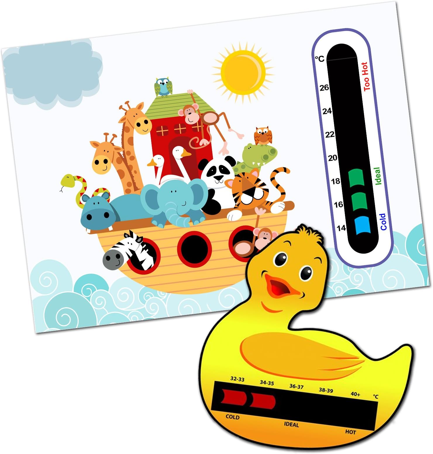 Baby and Child Home and Travel Thermometer Set to Monitor Temperature - Ark Animals Baby Nursery Room Thermometer & Duck Bath Thermometer