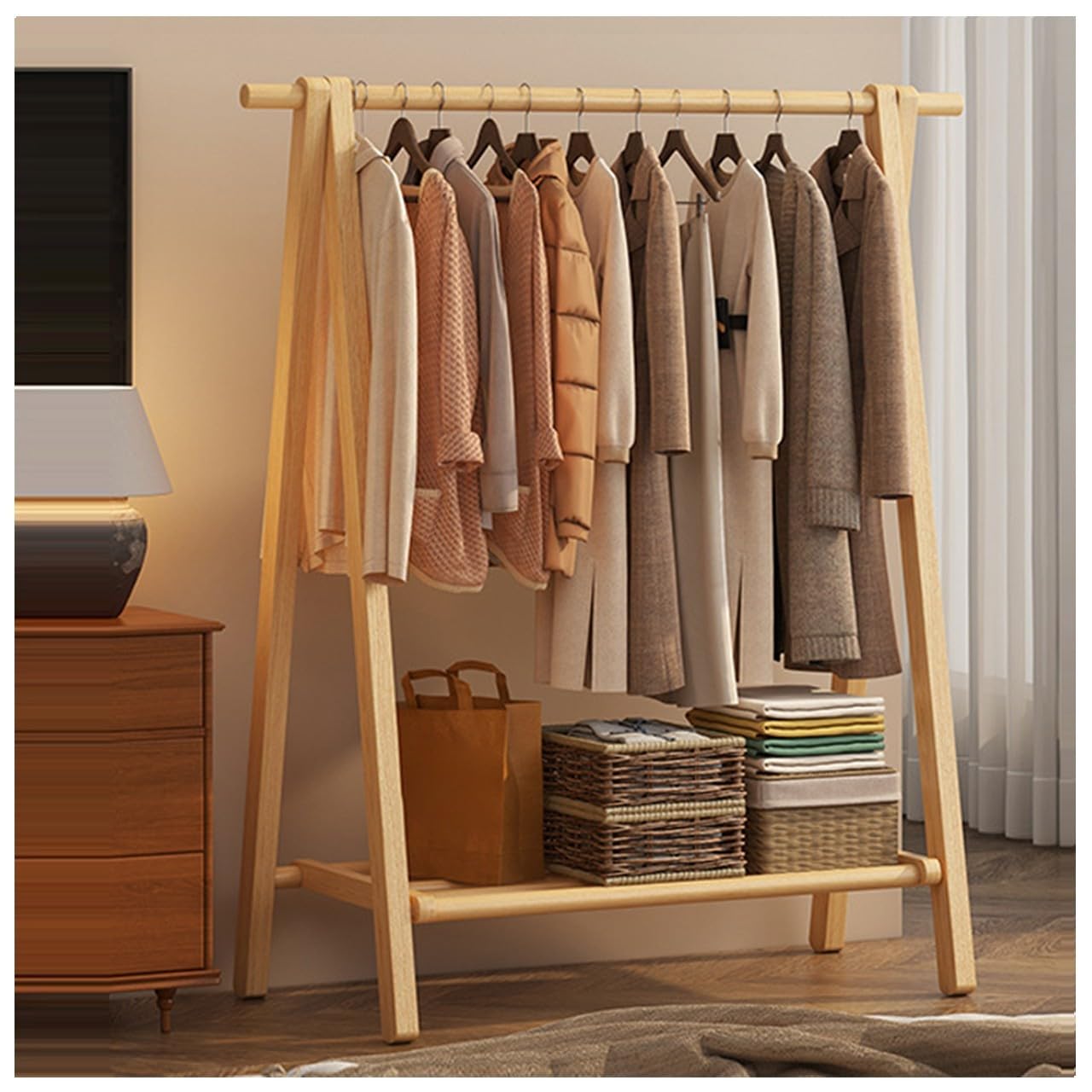 FGXHHS Foldable Wooden Coat Rack with Sto Shelf, Garment Stand for Clothes, Maximum Load 100kg, Versatile Wardrobe nizer - 60/80/100/120CM