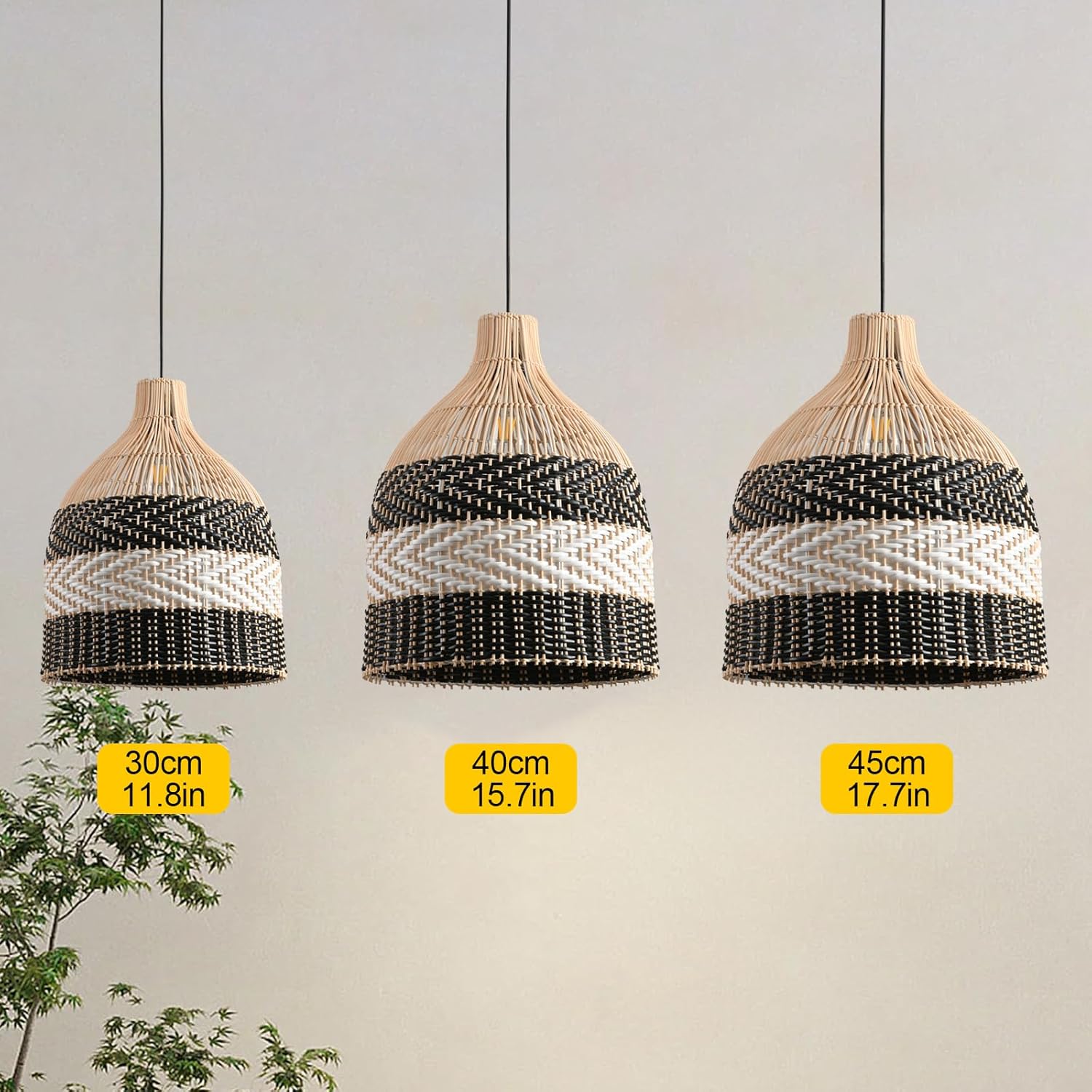 Rattan Pendant Light 1-Pack Black White Faux Rattan Basket Chandelier 11.8" Boho Handmade Woven Oval Wicker Hanging Light Fixture for Public Place Dining Living Bedroom Kitchen