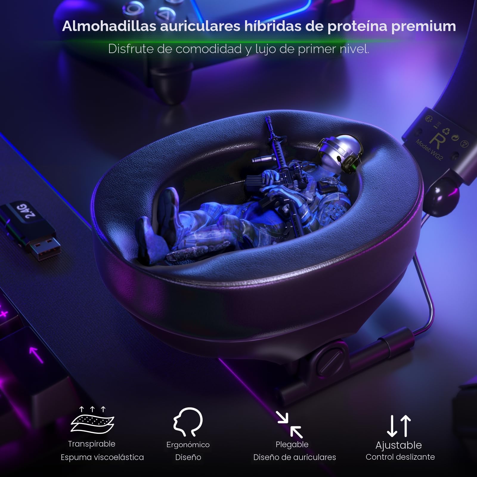 WESEARY WG2 Cascos Gaming Inalambricos, Auriculares Gaming Inalambricos de 2.4G para PS5, PS4, PC, Switch, Sonido Estéreo 7.1 Auriculares con Microfono, Cascos PS5 con Luz RGB, Duración 50Hr+