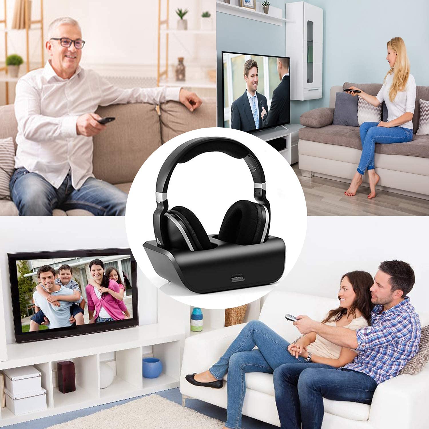 Wireless TV Headphones, MONODEAL Over Ear Headsets for TV Watching with Charging Dock, 2.4GHz RF Transmitter, 100ft Wireless Range and Rechargeable 20 Hour Battery, Black